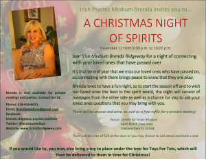 International Psychic Medium Brenda Ridgeway hosting a group reading. A Christmas Night of Spirits.